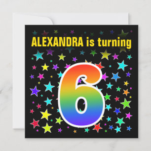 Colourful Stars + Rainbow Pattern "6" Birthday # Invitation