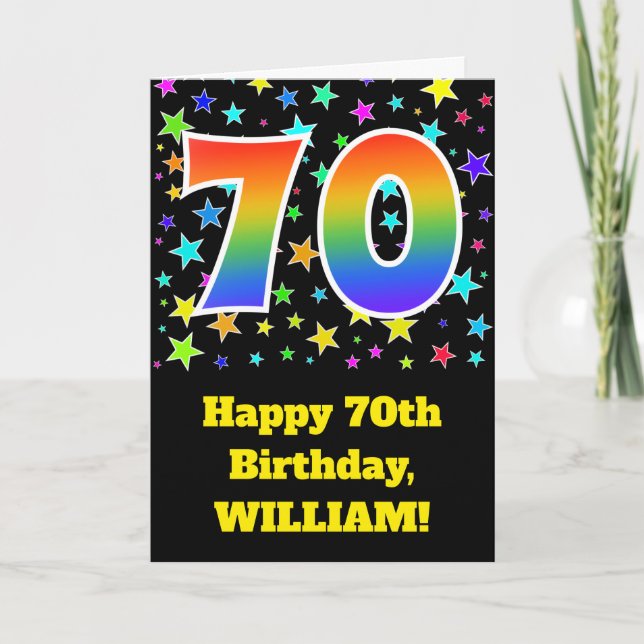 Colourful Stars + Rainbow Pattern "70" Birthday # Card (Front)