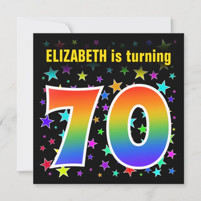Colourful Stars + Rainbow Pattern "70" Birthday # Invitation (Front)