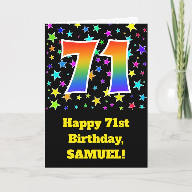 Colourful Stars + Rainbow Pattern "71" Birthday # Card (Front)