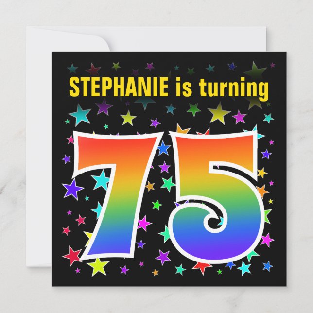 Colourful Stars + Rainbow Pattern "75" Birthday # Invitation (Front)