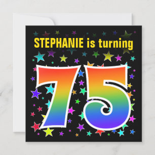 Colourful Stars + Rainbow Pattern "75" Birthday # Invitation