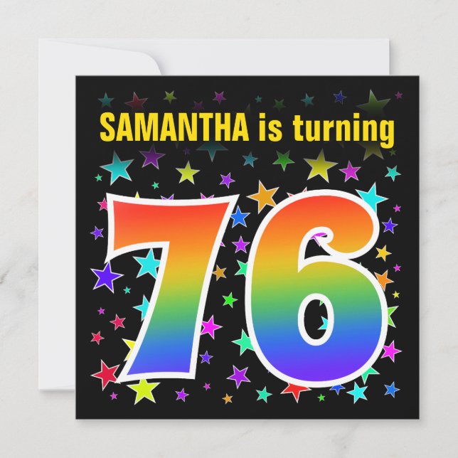 Colourful Stars + Rainbow Pattern "76" Birthday # Invitation (Front)
