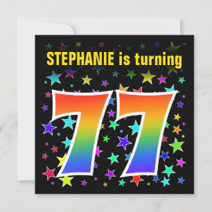 Colourful Stars + Rainbow Pattern "77" Birthday # Invitation