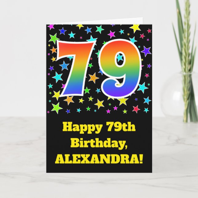 Colourful Stars + Rainbow Pattern "79" Birthday # Card (Front)