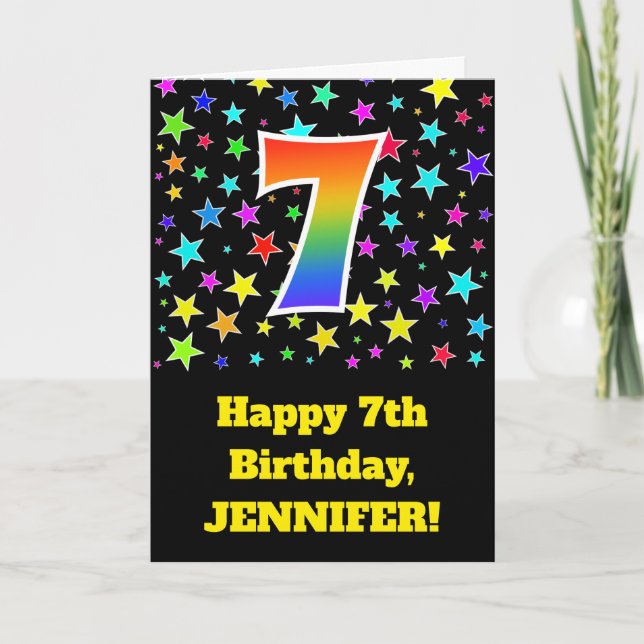 Colourful Stars + Rainbow Pattern "7" Birthday # Card (Front)