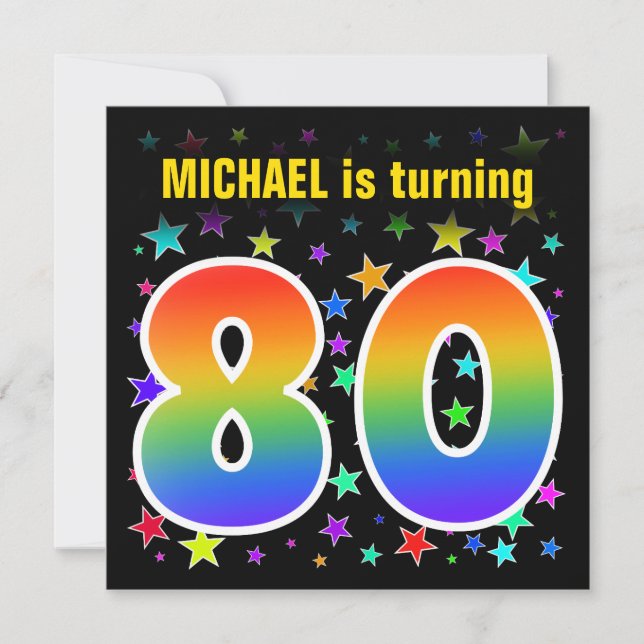 Colourful Stars + Rainbow Pattern "80" Birthday # Invitation (Front)