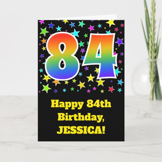 Colourful Stars + Rainbow Pattern "84" Birthday # Card (Front)