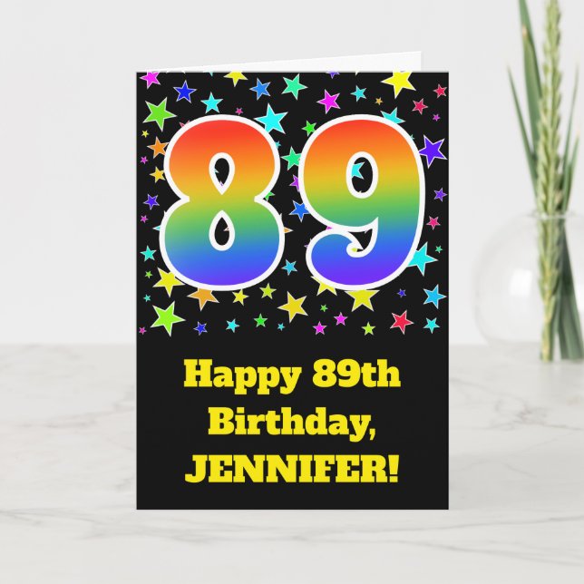 Colourful Stars + Rainbow Pattern "89" Birthday # Card (Front)