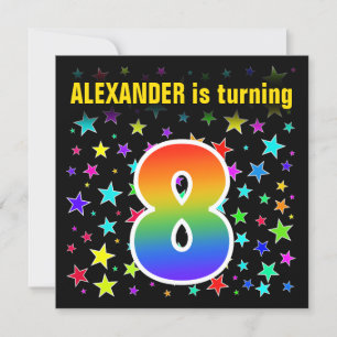 Colourful Stars + Rainbow Pattern "8" Birthday # Invitation