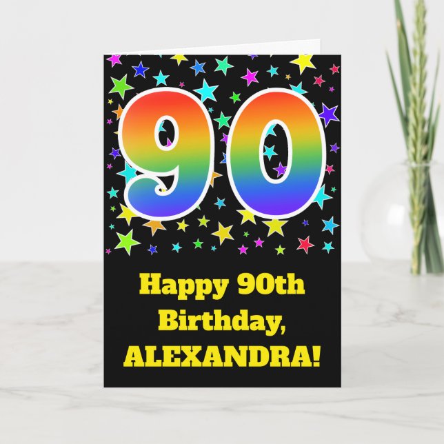 Colourful Stars + Rainbow Pattern "90" Birthday # Card (Front)