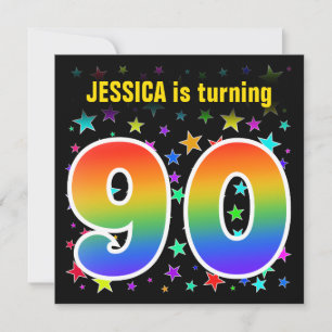 Colourful Stars + Rainbow Pattern "90" Birthday # Invitation