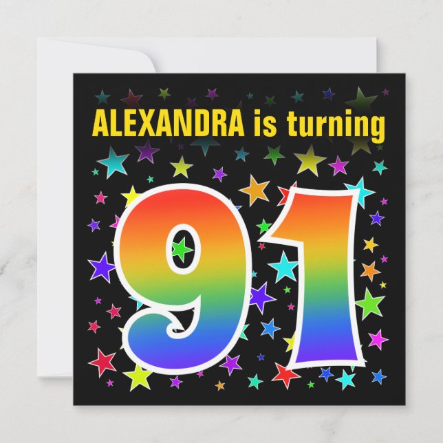 Colourful Stars + Rainbow Pattern "91" Birthday # Invitation (Front)