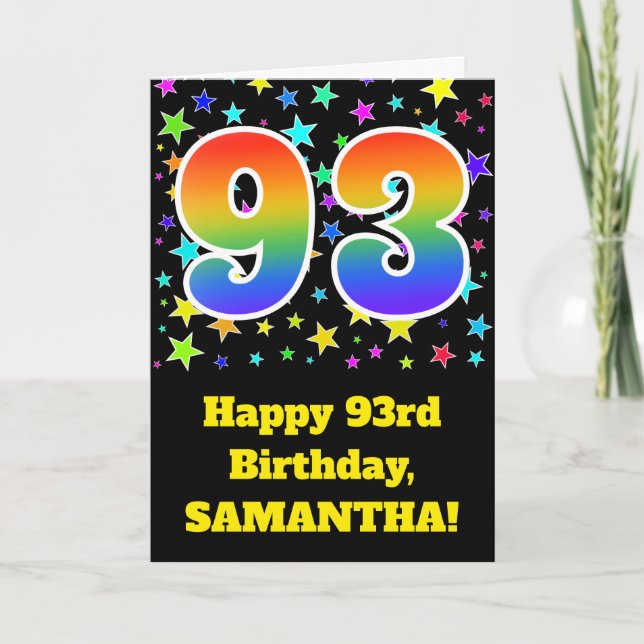 Colourful Stars + Rainbow Pattern "93" Birthday # Card (Front)
