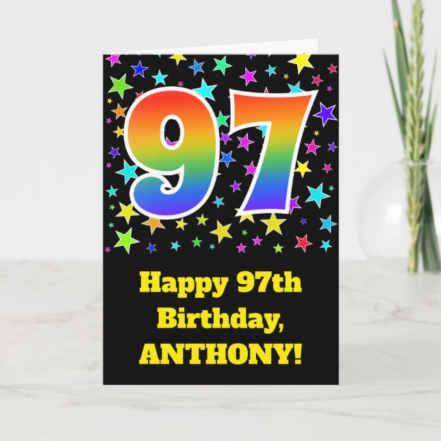 Colourful Stars + Rainbow Pattern "97" Birthday # Card (Front)
