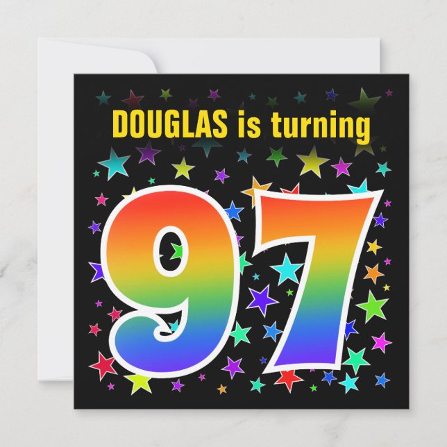 Colourful Stars + Rainbow Pattern "97" Birthday # Invitation (Front)