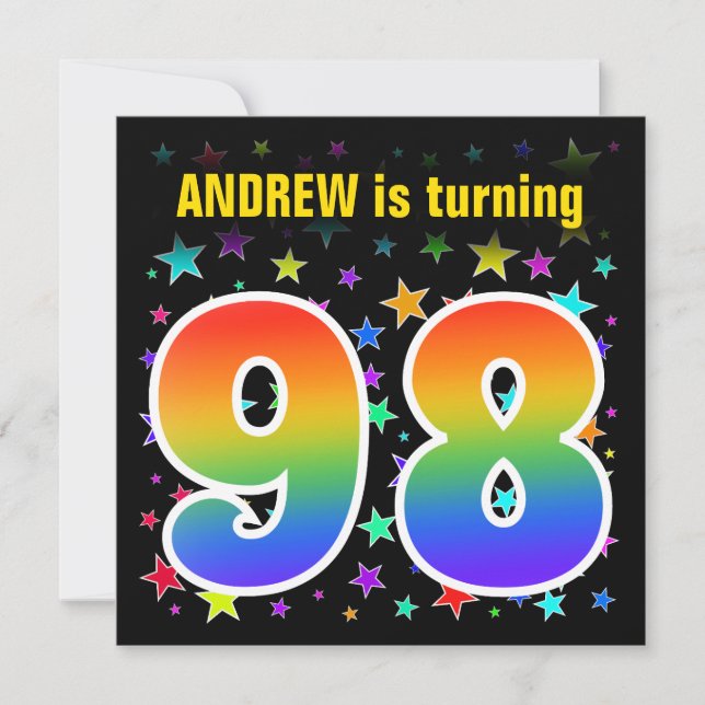 Colourful Stars + Rainbow Pattern "98" Birthday # Invitation (Front)