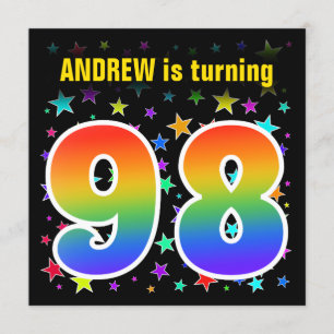 Colourful Stars + Rainbow Pattern "98" Birthday # Invitation