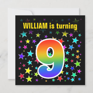 Colourful Stars + Rainbow Pattern "9" Birthday # Invitation