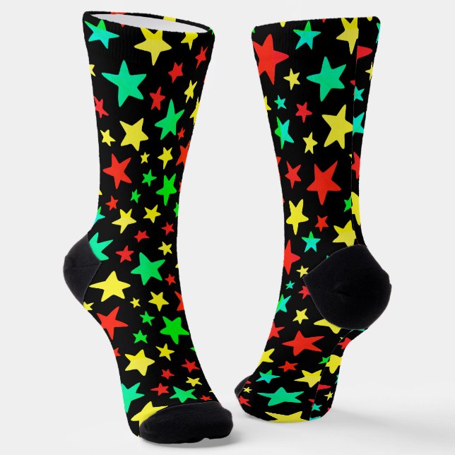 Colourful Stars Red Blue Green Yellow Black Modern Socks (Angled)