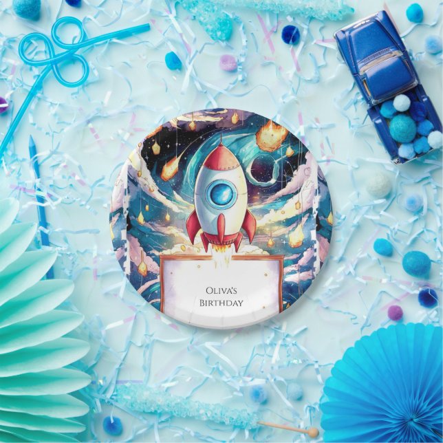 Colourful Stars Rocket Birthday Paper Plate (Party)
