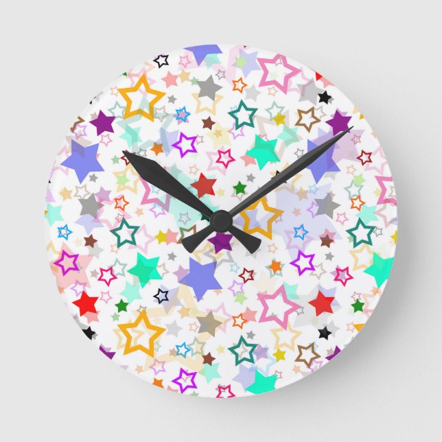 Colourful Stars White  Round Clock (Front)