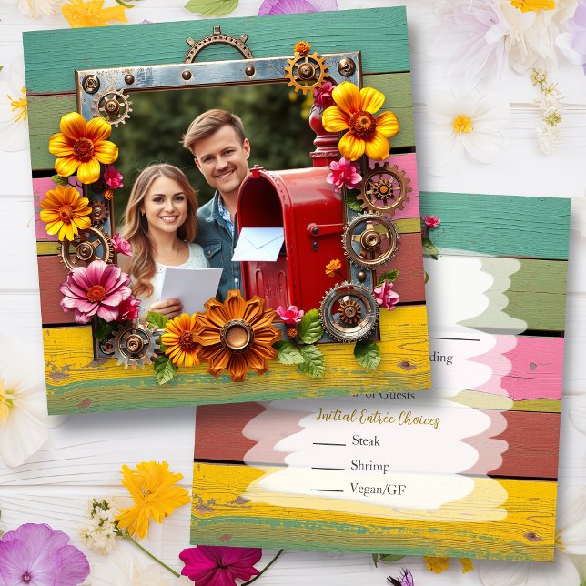 Colourful Steampunk  Personalised Wedding RSVP Save The Date (Creator Uploaded)