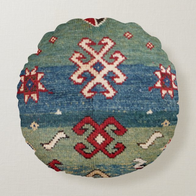 Colourful Steel Blue Light Green Chequered  Round Cushion (Front)