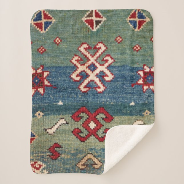 Colourful Steel Blue Light Green Chequered  Sherpa Blanket (Front)