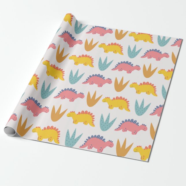 Colourful Stegosaurus and Plants Wrapping Paper (Unrolled)