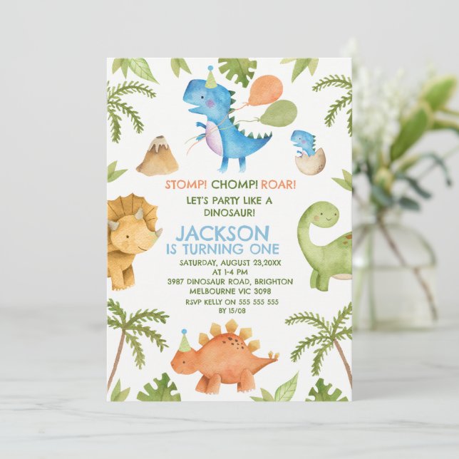 Colourful Stomp Chomp Party Dinosaur 1st Birthday Invitation (Standing Front)