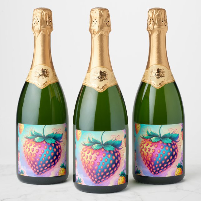 Colourful strawberry sparkling wine label (Bottles)