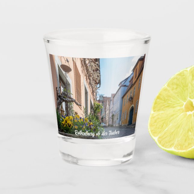 Colourful street in Rothenburg ob der Tauber Shot Glass (Front)