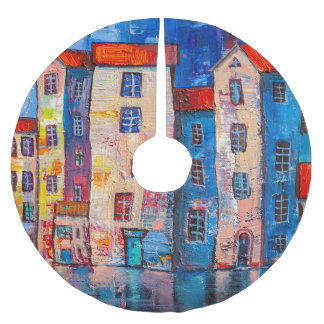 Colourful Street Panorama Impressionist Art Brushed Polyester Tree Skirt