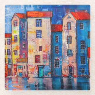 Colourful Street Panorama Impressionist Art Glass Coaster