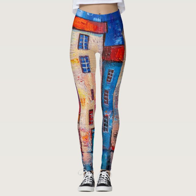 Colourful Street Panorama Impressionist Art Leggings (Front)