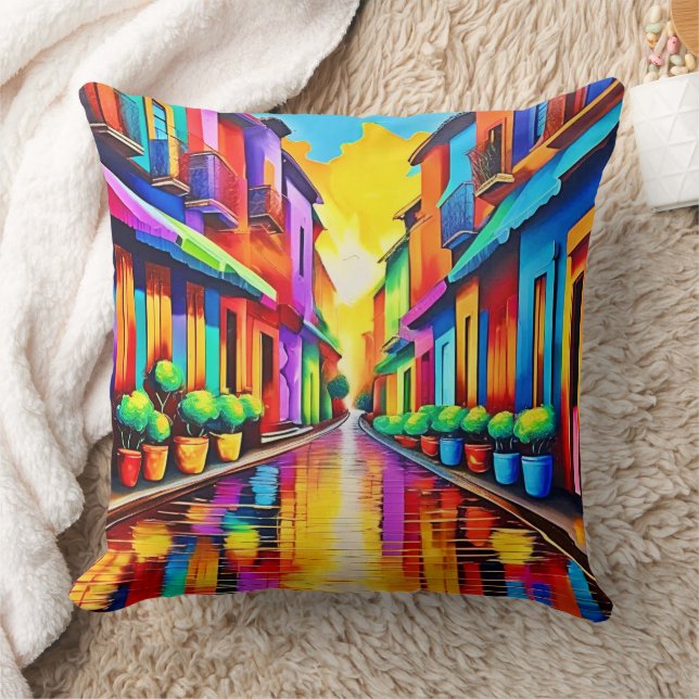 Colourful Street Scene Art Cushion (Blanket)