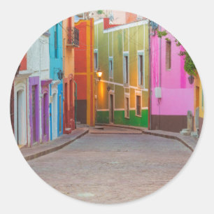 Colourful street scene classic round sticker