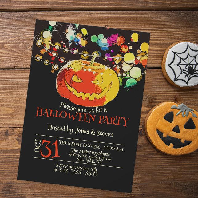 Colourful String Lights Grinning Pumpkin Halloween Invitation (Creator Uploaded)