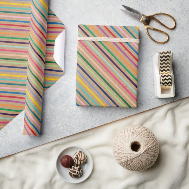 Colourful Stripe Pattern On Rustic Faux Brown Kraf Wrapping Paper (Crafts)