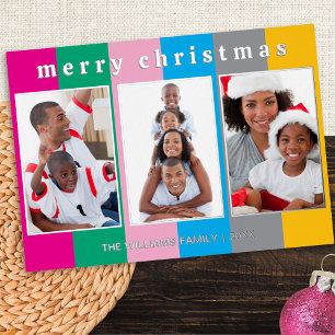 Colourful Striped 3 Photo Collage Merry Christmas Foil Holiday Card