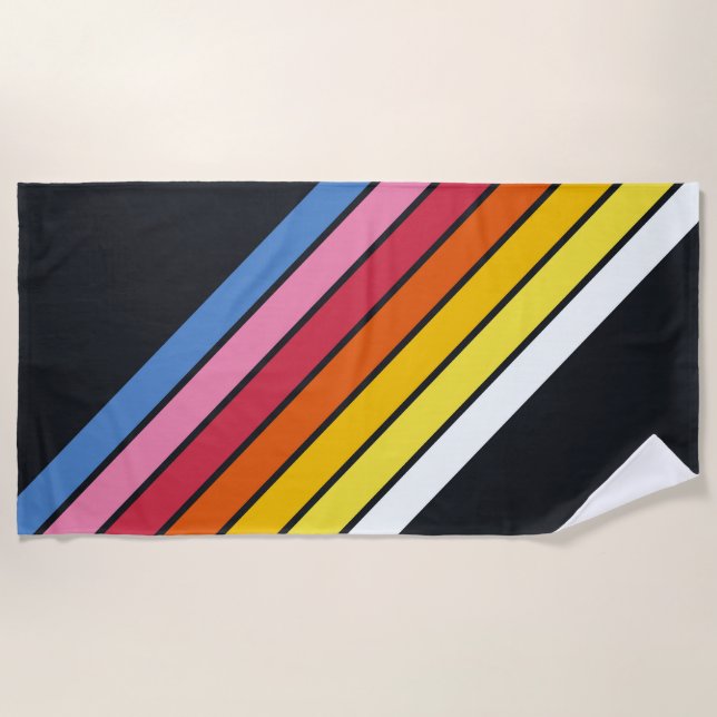 Colourful Striped 70s 80s Retro Racing Stripes Beach Towel (Front)
