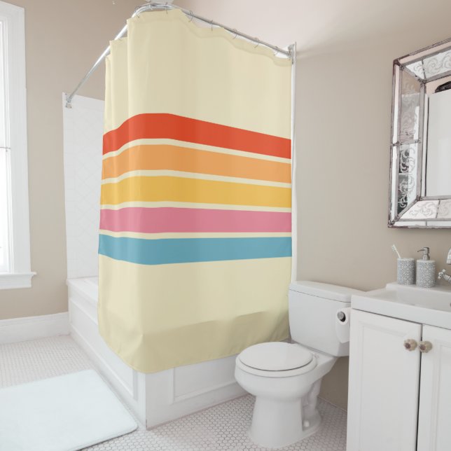Colourful Striped 70s 80s Retro Racing Stripes Shower Curtain (In Situ)