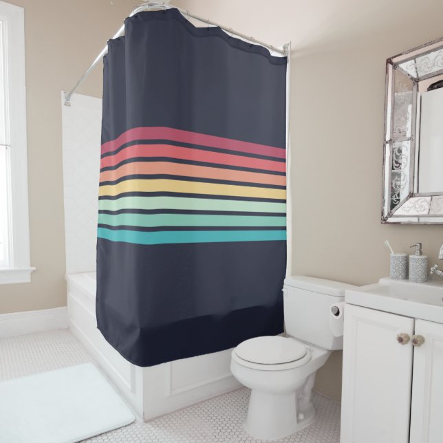 Colourful Striped 70s 80s Retro Racing Stripes Shower Curtain (In Situ)