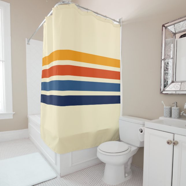Colourful Striped 70s 80s Retro Racing Stripes Shower Curtain (In Situ)