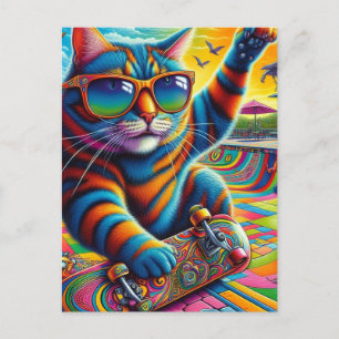Colourful Striped Cat Skateboarding Postcard