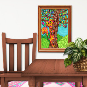 Colourful Striped Cat Tree Cute Fun Cartoon Drawin Poster