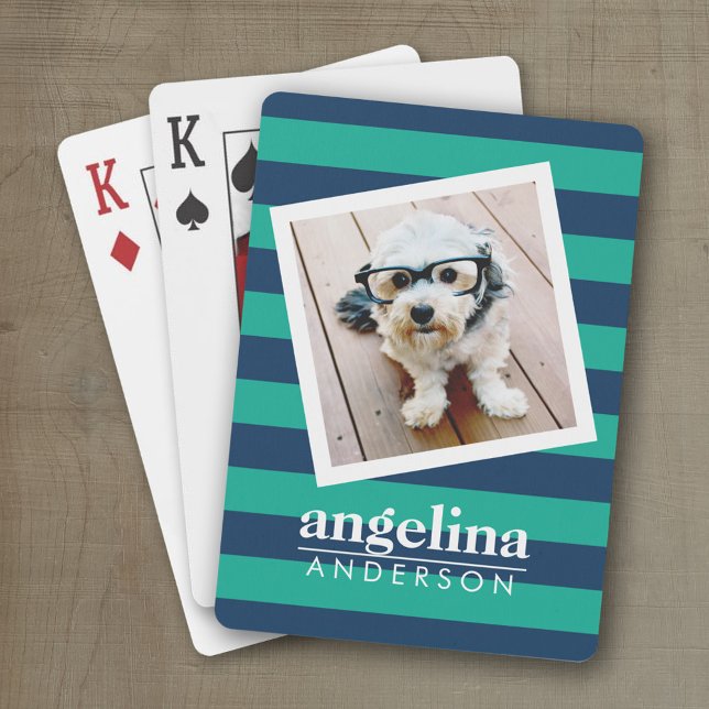 Colourful Striped Pattern Custom Name and Photo Playing Cards (Personalized playing cards)