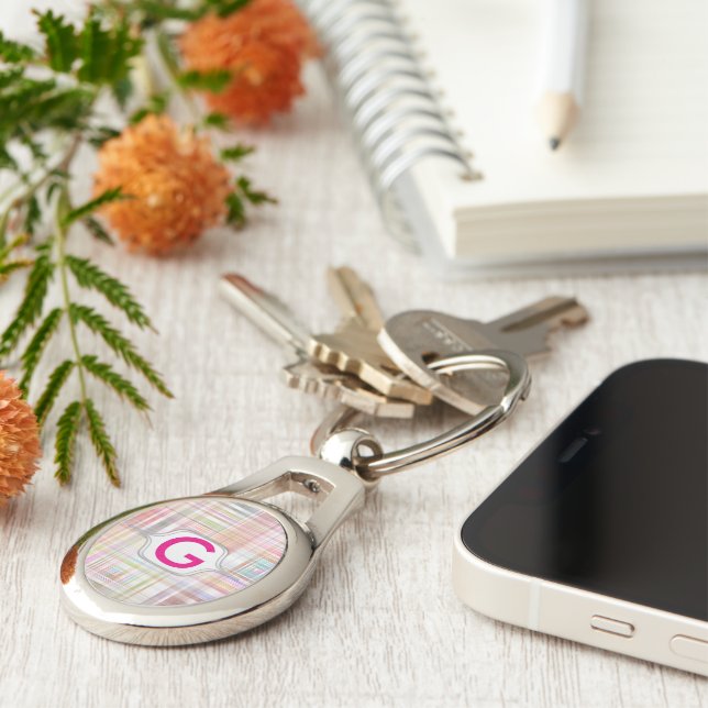 Colourful Striped Pattern Monogram Key Ring (Side)