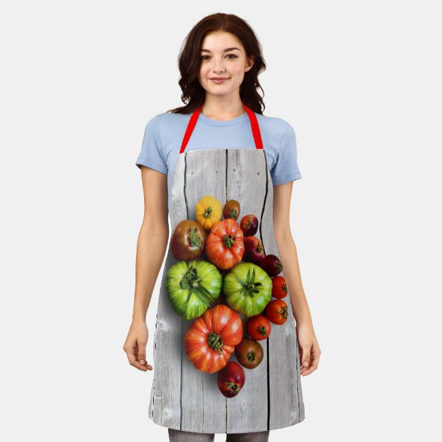 Colourful Striped Tomatoes on Weathered Table Apron (Worn)